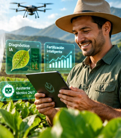 Profesional agrícola utilizando una tableta digital en un campo de cultivo con soluciones de inteligencia artificial